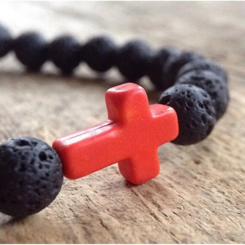 Orange Cross Black Lava Stone Beaded Bracelet 8mm beads - Size 8 inches